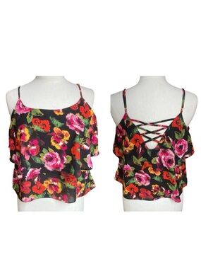Paper Crane Black Floral Lace-Up Back Cami with Pink & Red Blooms